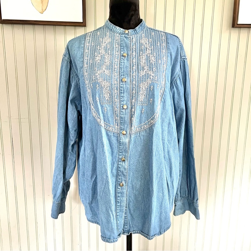 Embroidered Bib Front Button Down Denim Top